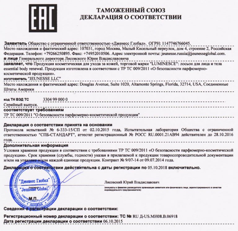 Сертификат на духи образец